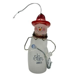 Clear Frosted Glass Snowman Ornament “Stan 2003” 4½″ Ruby Hat Snowman